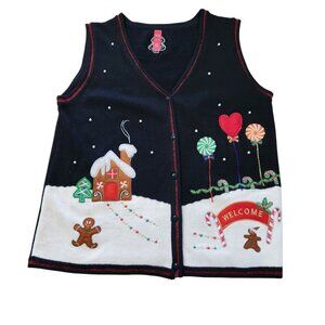 Hansel & Gretel Style Christmas Sweater Vest Gingerbread House Snow XL 16-18 EUC